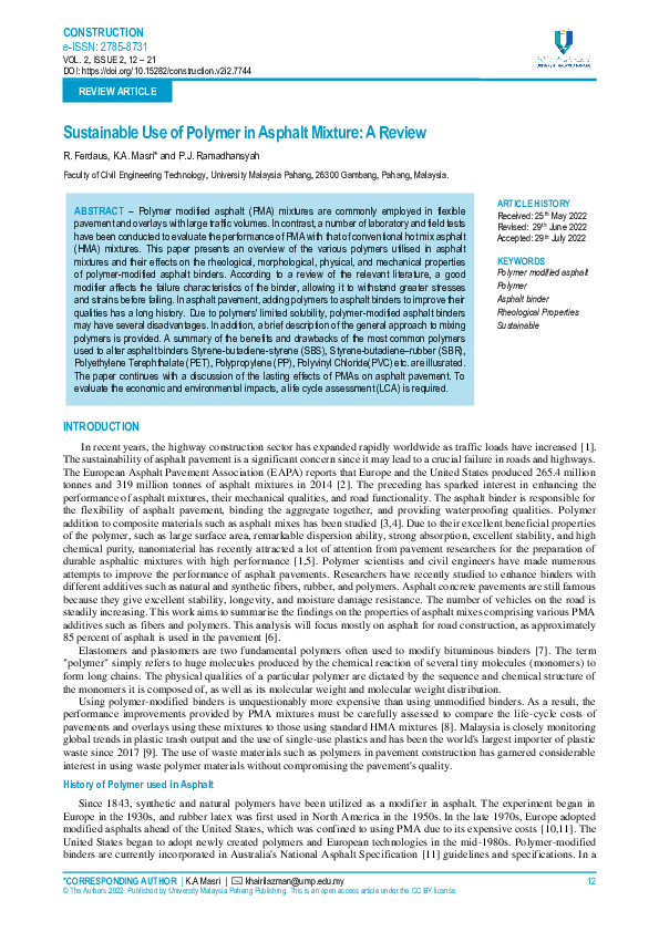 (PDF) Sustainable Use of Polymer in Asphalt Mixture: A Review