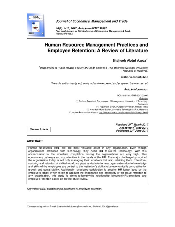 (PDF) Human Resource Management Practices and Employee Retention: A ...