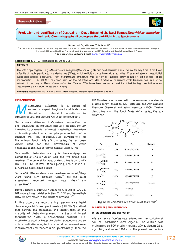 (PDF) Production and Identification of Destruxins in Crude Extract of ...
