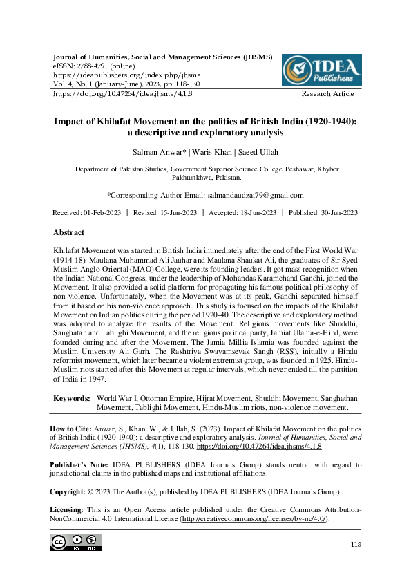 (PDF) Impact of Khilafat Movement on the politics of British India ...