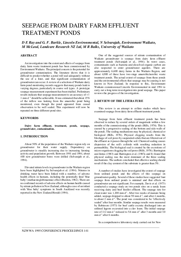 (PDF) Seepage from dairy farm effluent treatment ponds