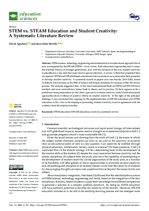 (PDF) STEM vs. STEAM Education and Student Creativity: A Systematic ...