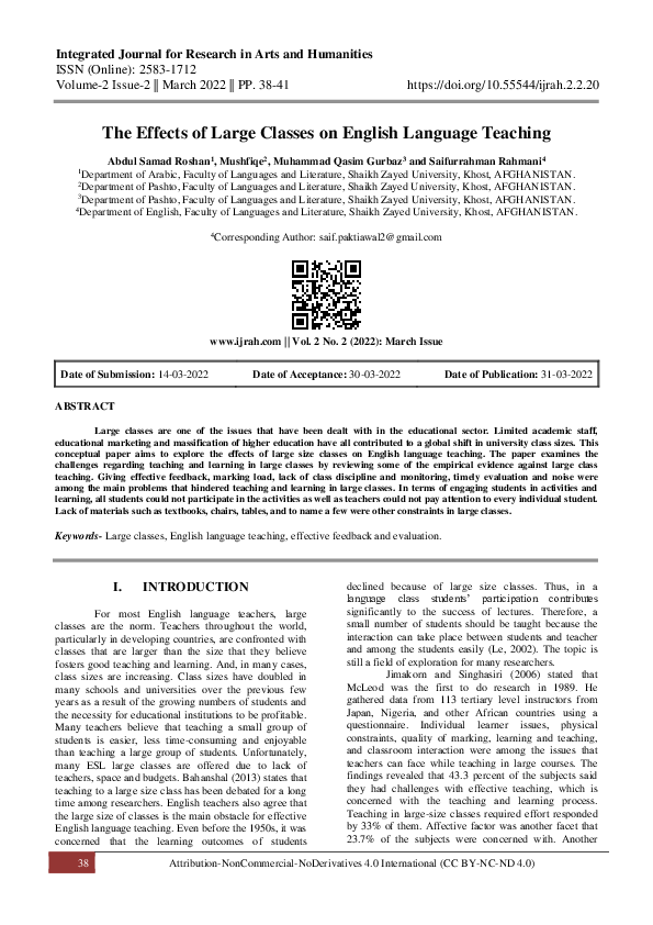 (PDF) The Effects of Large Classes on English Language Teaching