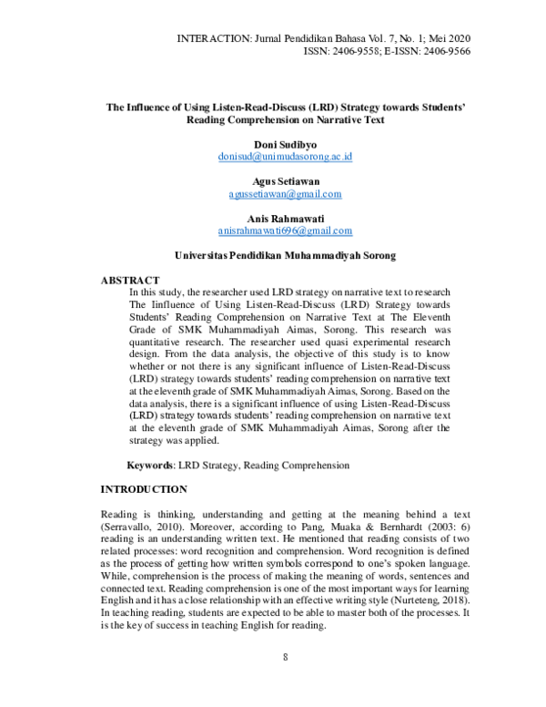 (PDF) The Influence of Using Listen-Read-Discuss (LRD) Strategy towards ...