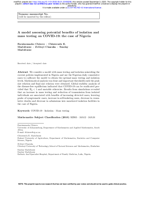 (PDF) A model assessing potential benefits of isolation and mass ...