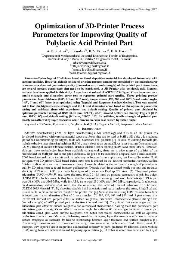 (PDF) Optimization of 3D-Printer Process Parameters for Improving ...