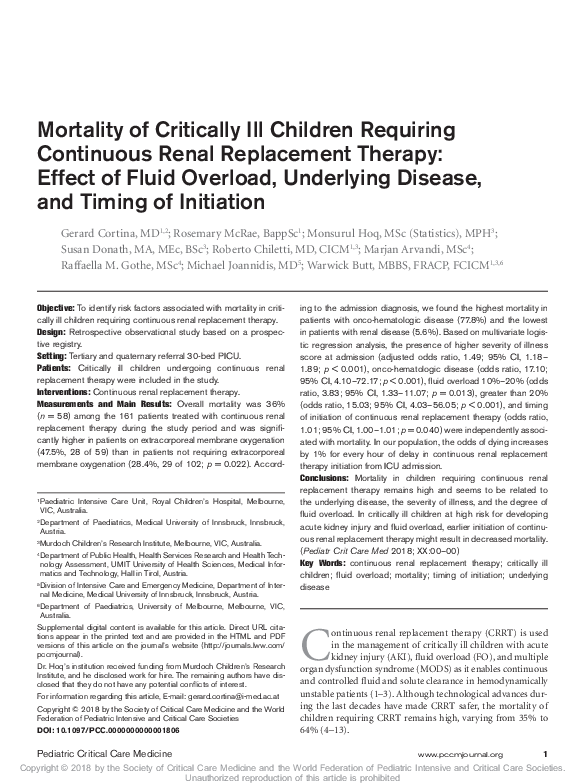 (PDF) Mortality of Critically Ill Children Requiring Continuous Renal ...