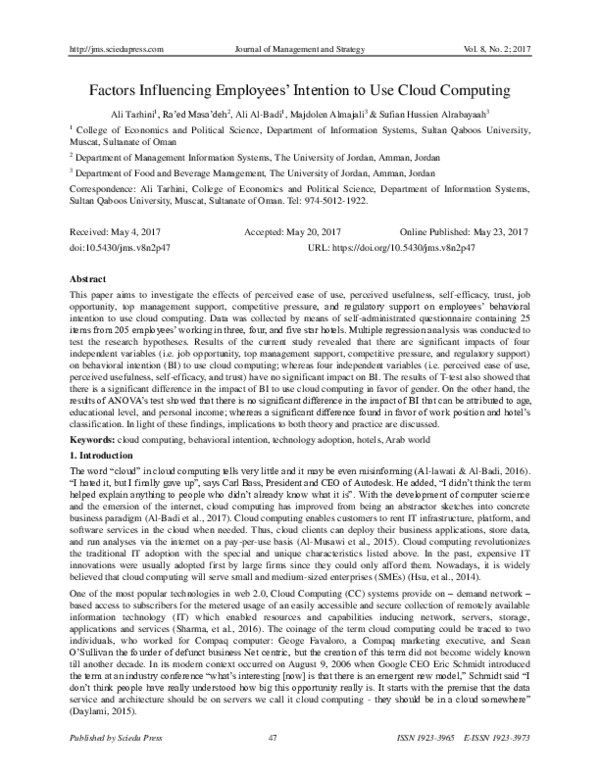 (PDF) Factors Influencing Employees’ Intention to Use Cloud Computing