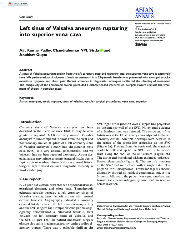 (PDF) Left sinus of Valsalva aneurysm rupturing into superior vena cava