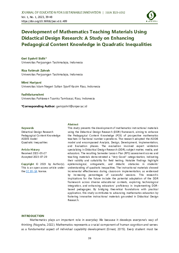 (PDF) Development of Mathematics Teaching Materials Using Didactical ...