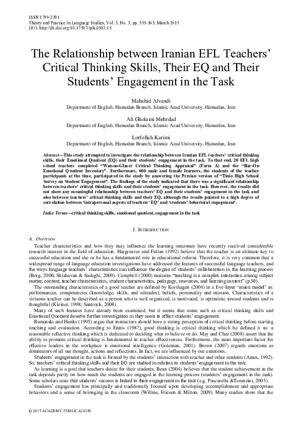 (PDF) The Relationship between Iranian EFL Teachers’ Critical Thinking ...