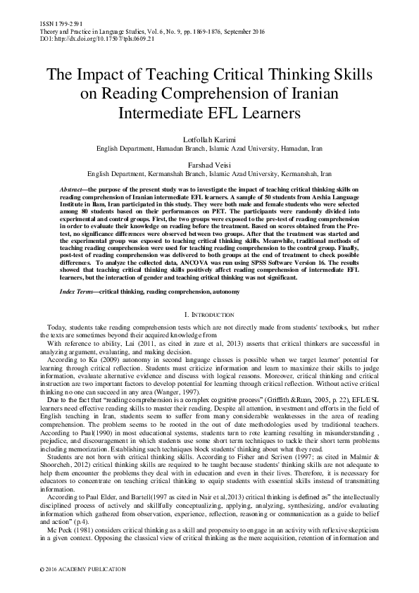 (PDF) The Impact of Teaching Critical Thinking Skills on Reading ...