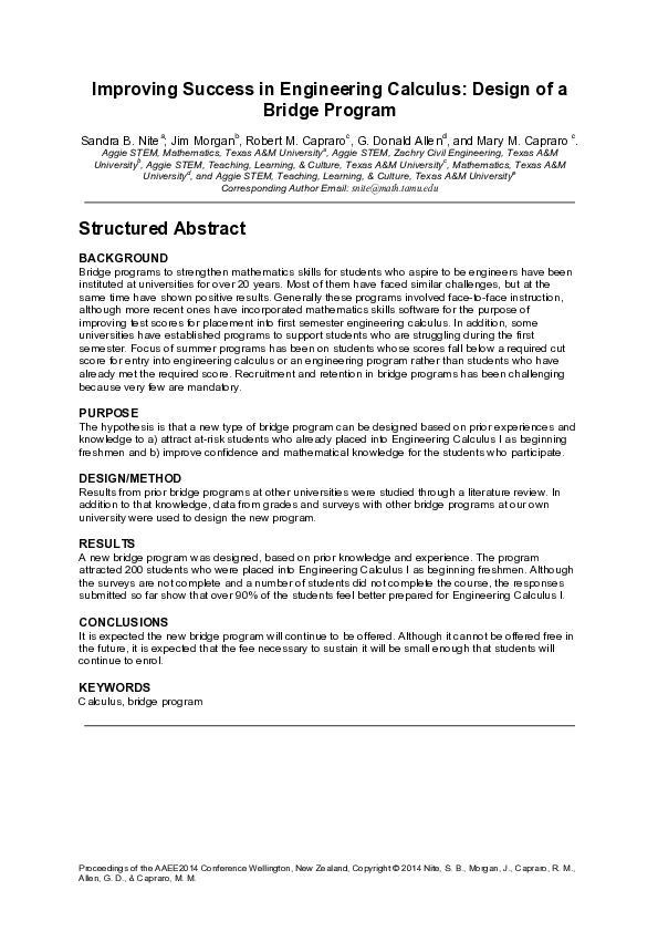(PDF) Improving success in engineering calculus: Design of a bridge program