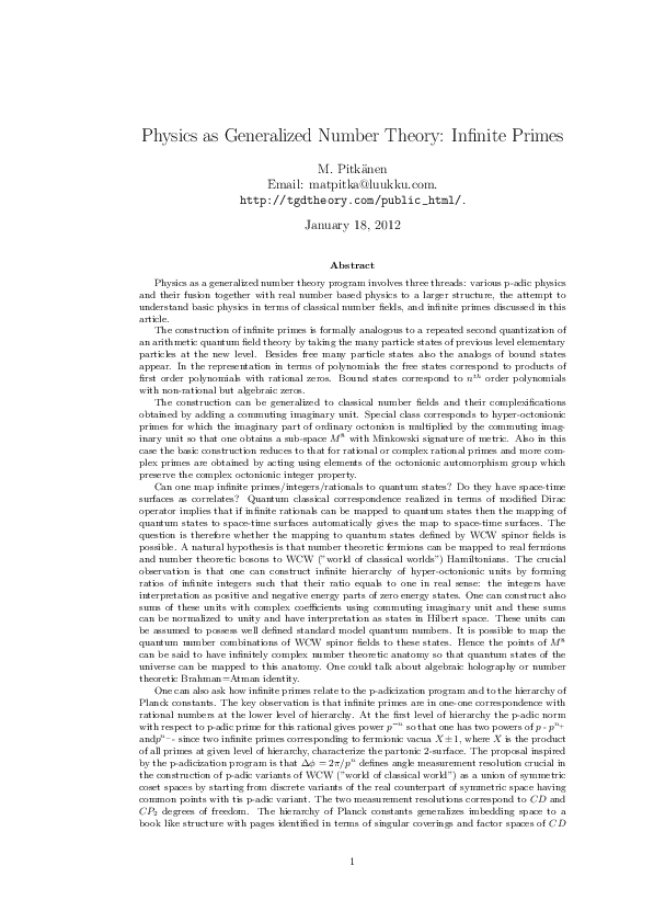 (PDF) Physics as Generalized Number Theory: Infinite Primes