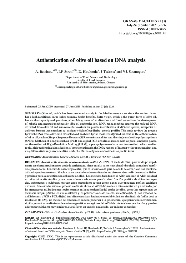 (PDF) Authentication of olive oil based on DNA analysis