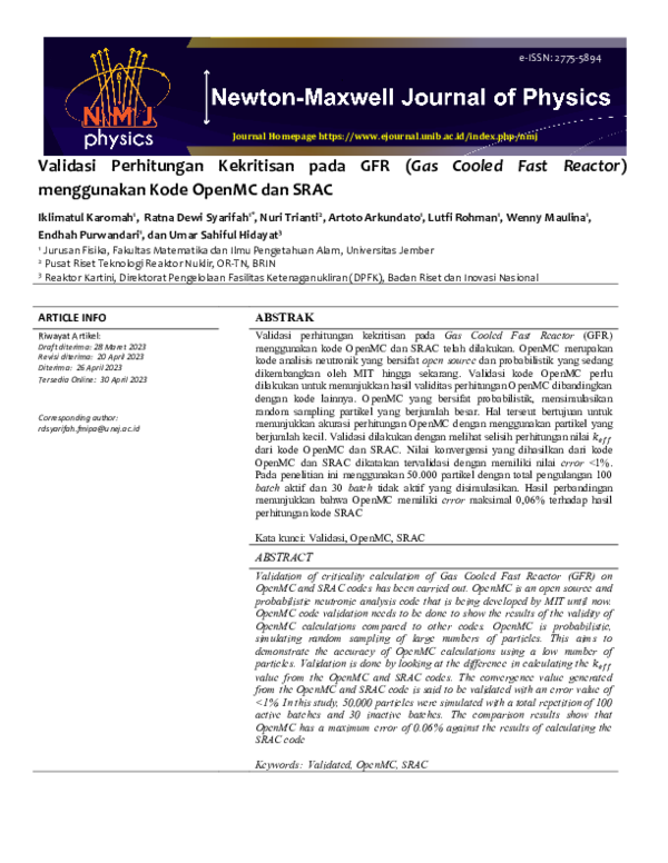 (PDF) Validasi Kode OpenMC pada Reaktor Gas Berpendingin Helium ...