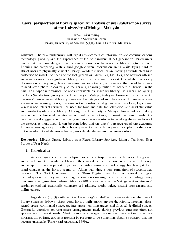 (PDF) Users’ perspectives of library space: An analysis of user ...