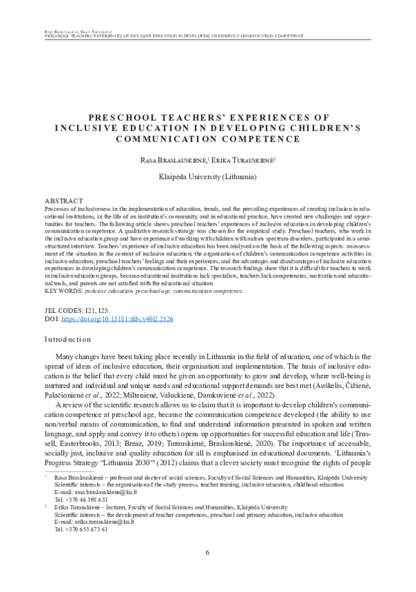 (PDF) Preschool Teachers’ Experiences of Inclusive Education in ...