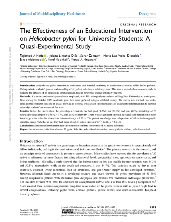 (PDF) The Effectiveness of an Educational Intervention on Helicobacter ...