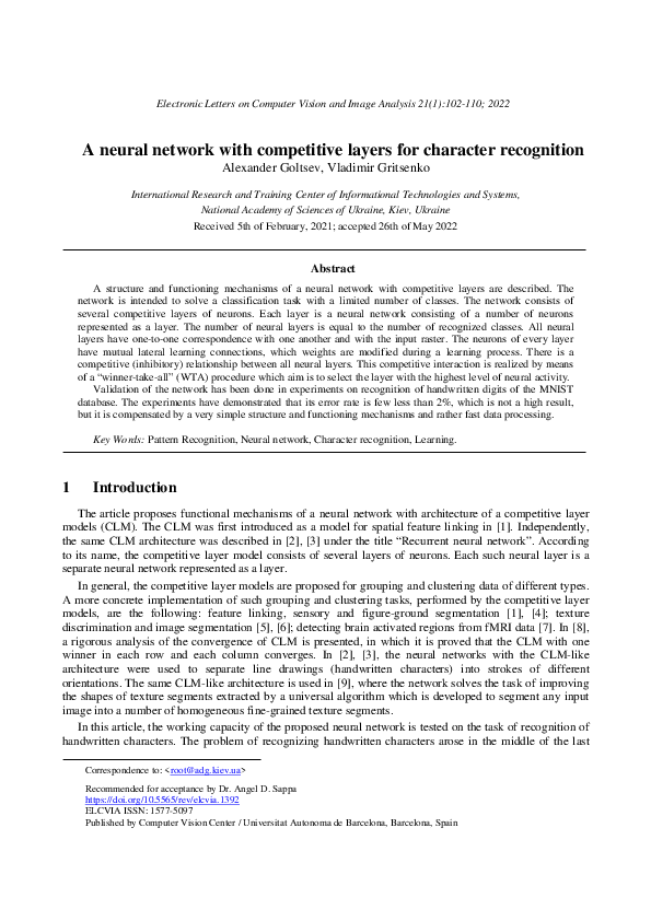 (PDF) A neural network with competitive layers for character recognition