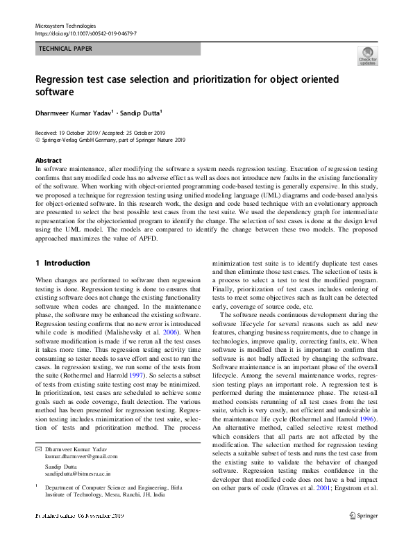 (PDF) Regression test case selection and prioritization for object ...