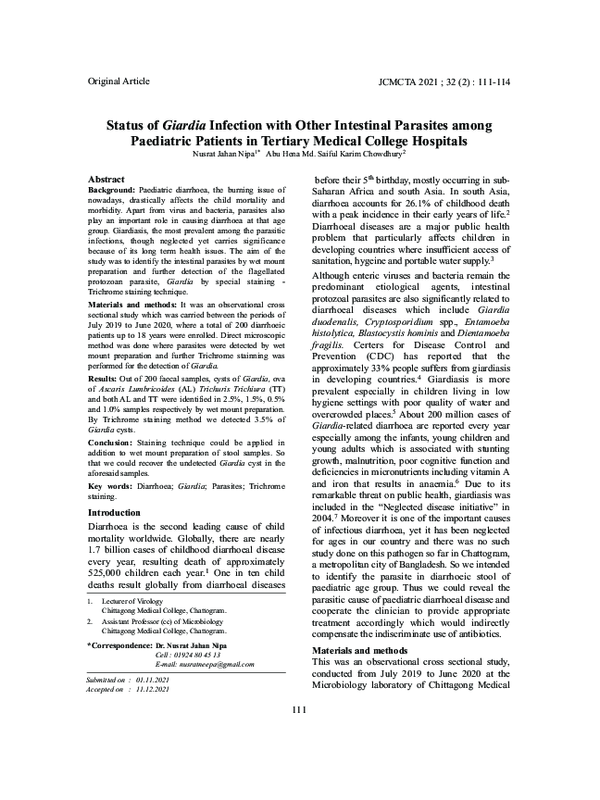 (PDF) Status of Giardia Infection with Other Intestinal Parasites among ...