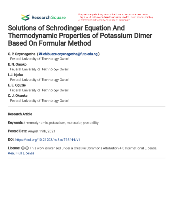 (PDF) Solutions of Schrodinger Equation And Thermodynamic Properties of ...