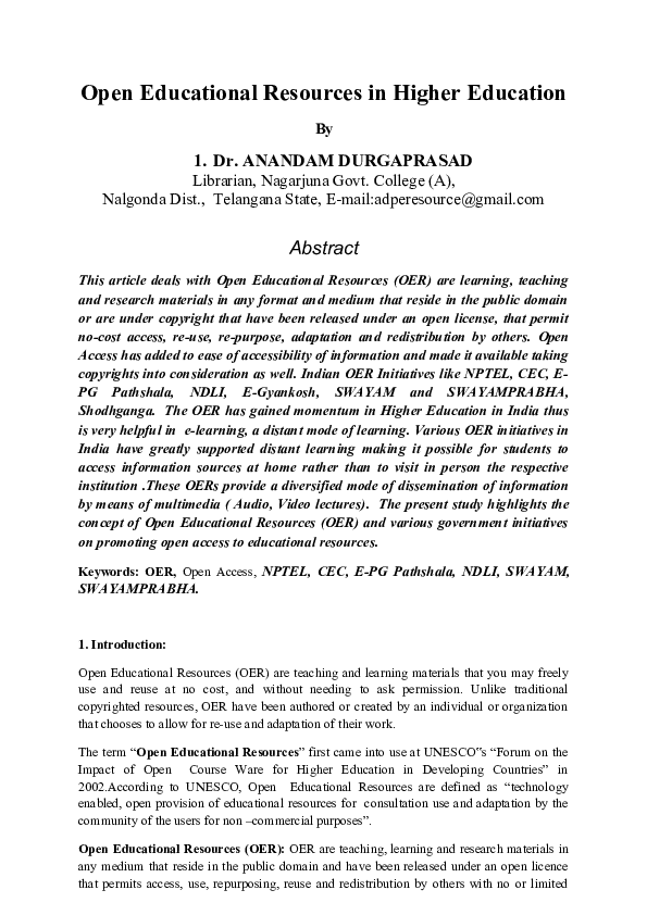 (DOC) Open Educational Resources in Higher Education