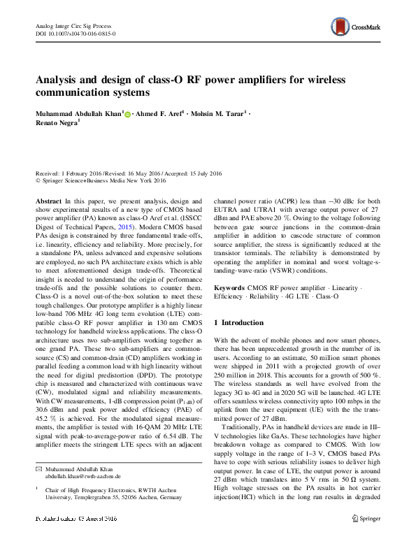 (PDF) Analysis and design of class-O RF power amplifiers for wireless ...