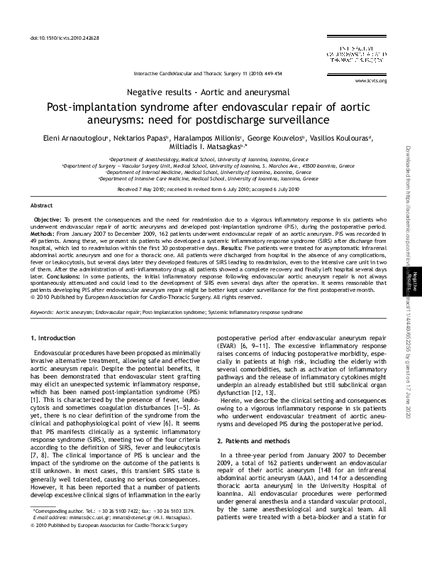 (PDF) Post-implantation syndrome after endovascular repair of aortic ...