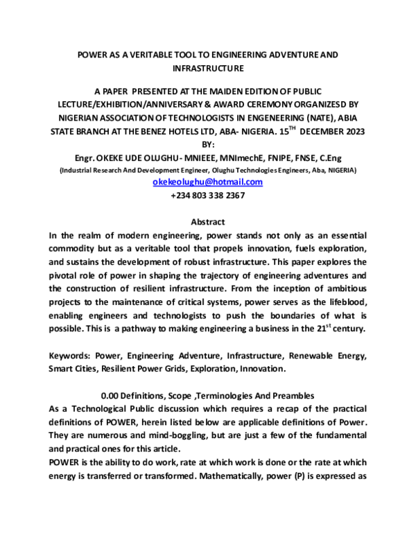 (PDF) Power As A Veritable Tool To Engineering Adventure And Infrastructure