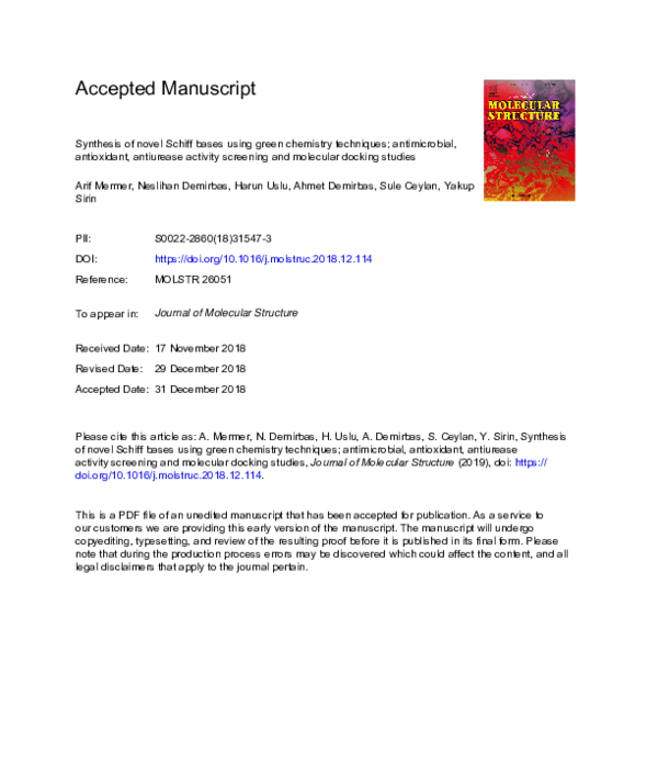 (PDF) Synthesis of novel Schiff bases using green chemistry techniques ...