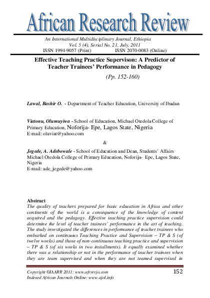 (PDF) Effective Teaching Practice Supervison: A Predictor of Teacher ...