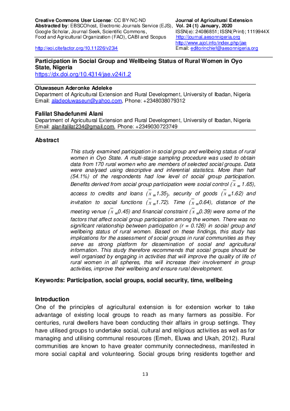 (PDF) Participation in Social Group and Wellbeing Status of Rural Women ...