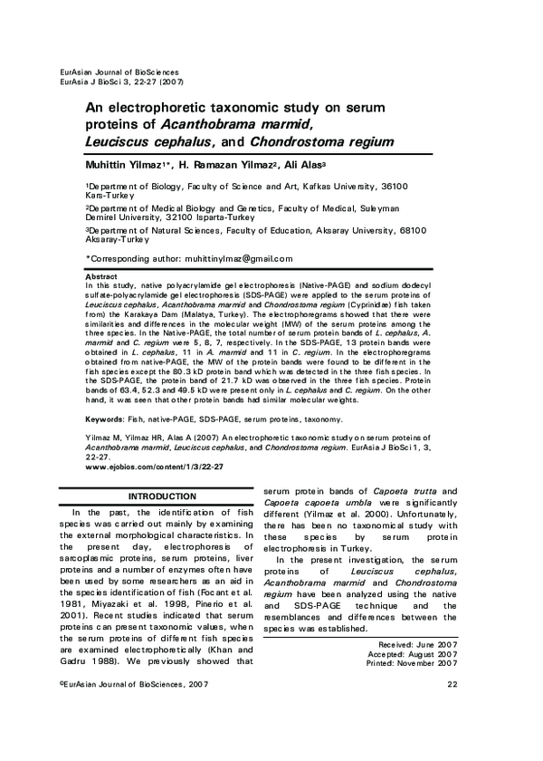 First page of “An electrophoretic taxonomic study on serum proteins of Acanthobrama marmid, Leuciscus cephalus, and Chondrostoma regium”