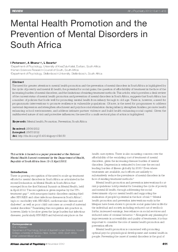 (PDF) Mental health promotion and the prevention of mental disorders in ...