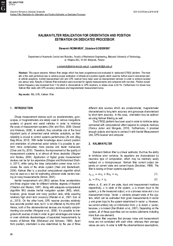 (PDF) Kalman Filter Realization for Orientation and Position Estimation ...