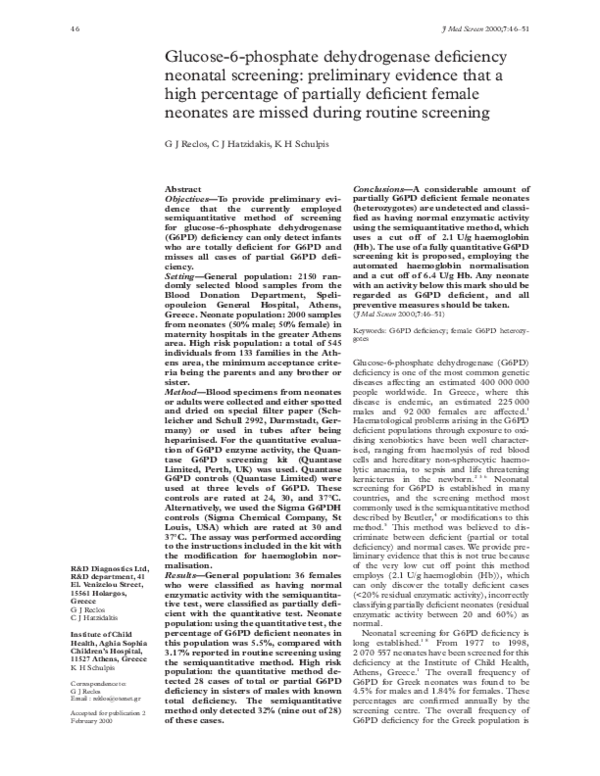 (PDF) Glucose-6-phosphate dehydrogenase deficiency neonatal screening ...