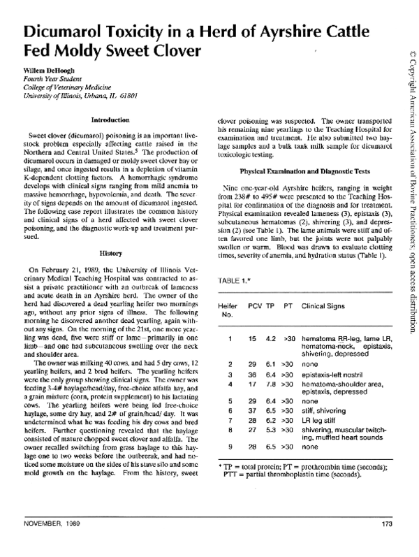 (PDF) Dicumarol toxicity in a herd of Ayrshire cattle fed moldy sweet ...