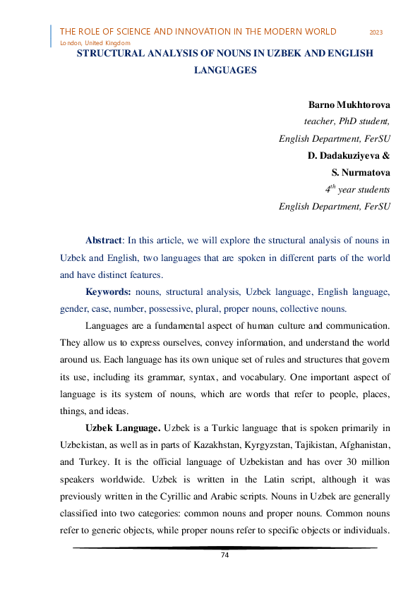 (PDF) Structural Analysis of Nouns in Uzbek and English Languages