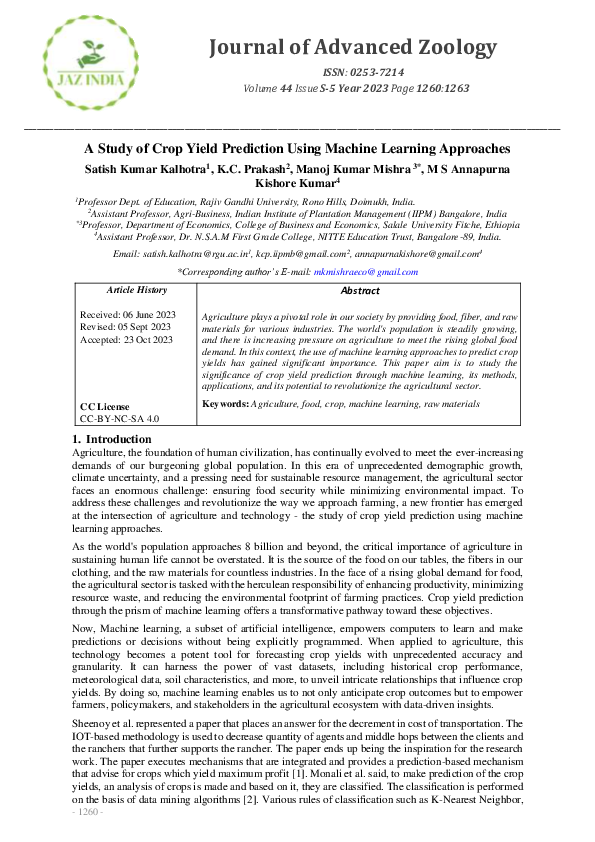 (PDF) A Study of Crop Yield Prediction Using Machine Learning Approaches