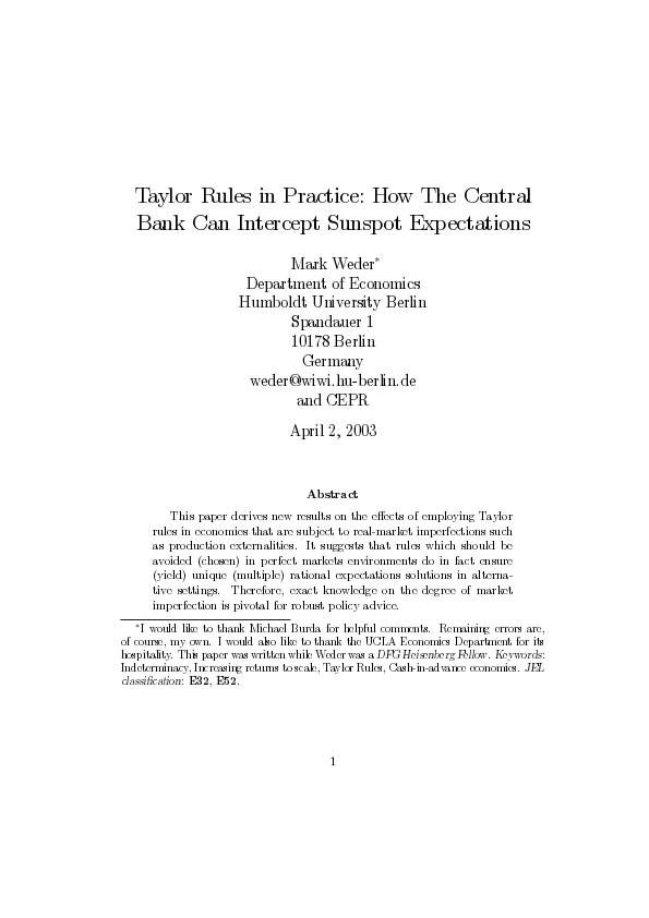 (PDF) Taylor Rules in Practice: How Central Banks can Intercept Sunspot ...