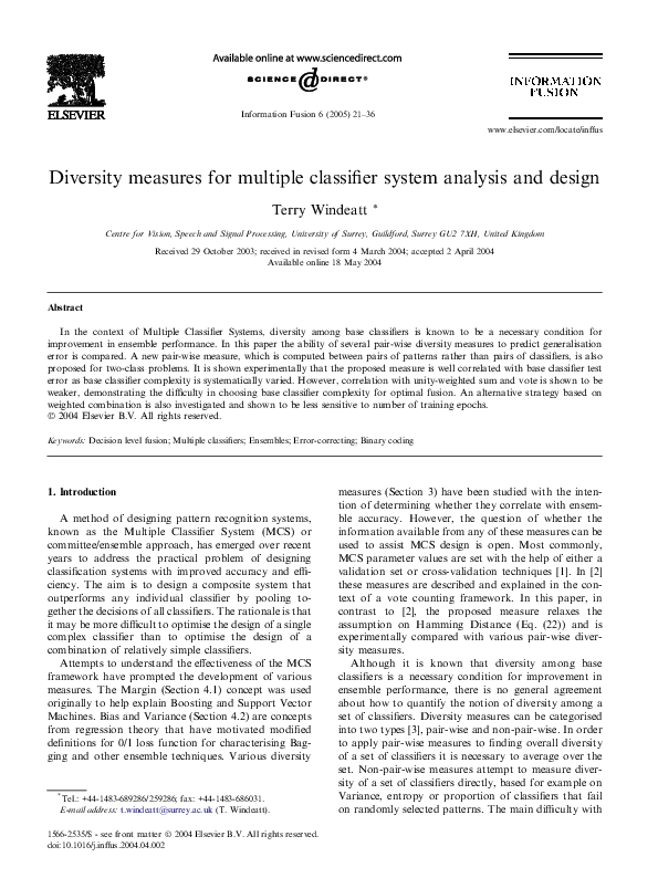 (PDF) Diversity measures for multiple classifier system analysis and design