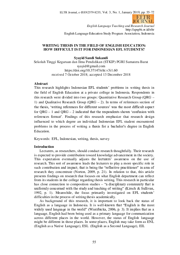 (PDF) Writing Thesis in the Field of English Education: How Difficult ...