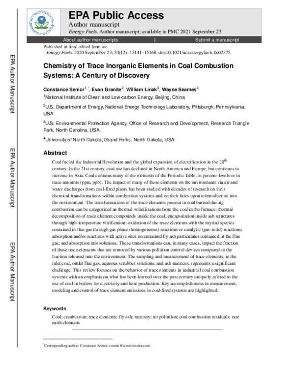 (PDF) Chemistry of Trace Inorganic Elements in Coal Combustion Systems ...