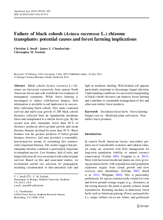 (PDF) Failure of black cohosh (Actaea racemosa L.) rhizome transplants ...