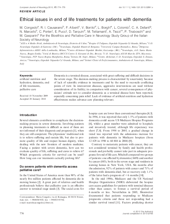(PDF) Ethical issues in end of life treatments for patients with dementia