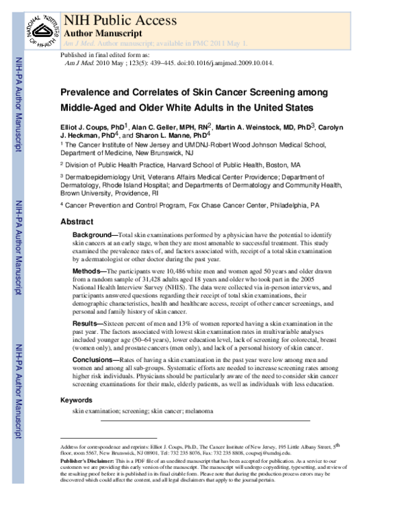 (PDF) Prevalence and Correlates of Skin Cancer Screening Among Middle ...
