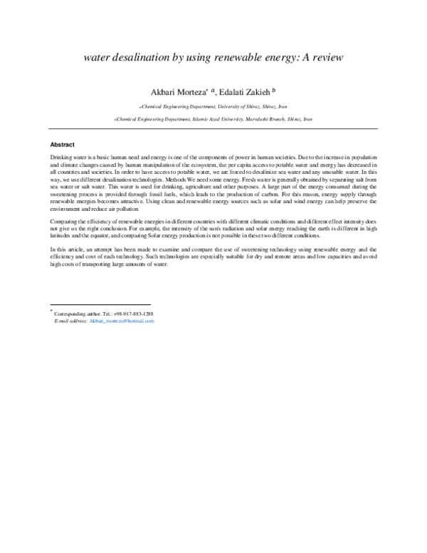 (PDF) water desalination by using renewable energy: A review
