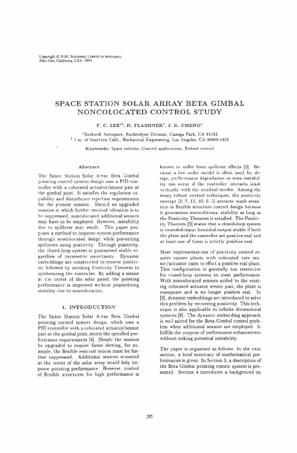 (PDF) Space Station Solar Array Beta Gimbal Noncolaeated Control Study